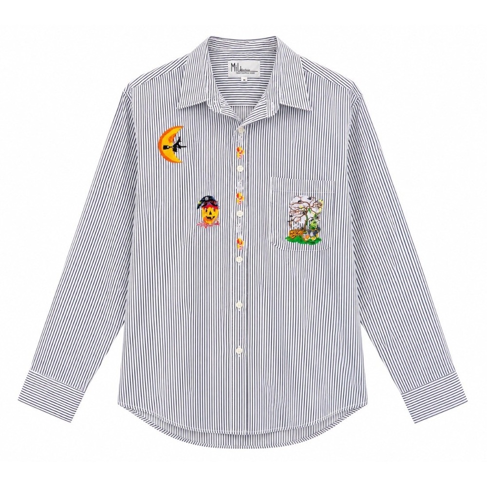 Mili Designs Womens Halloween Embroidered Striped Button Down Shirt Blouse M